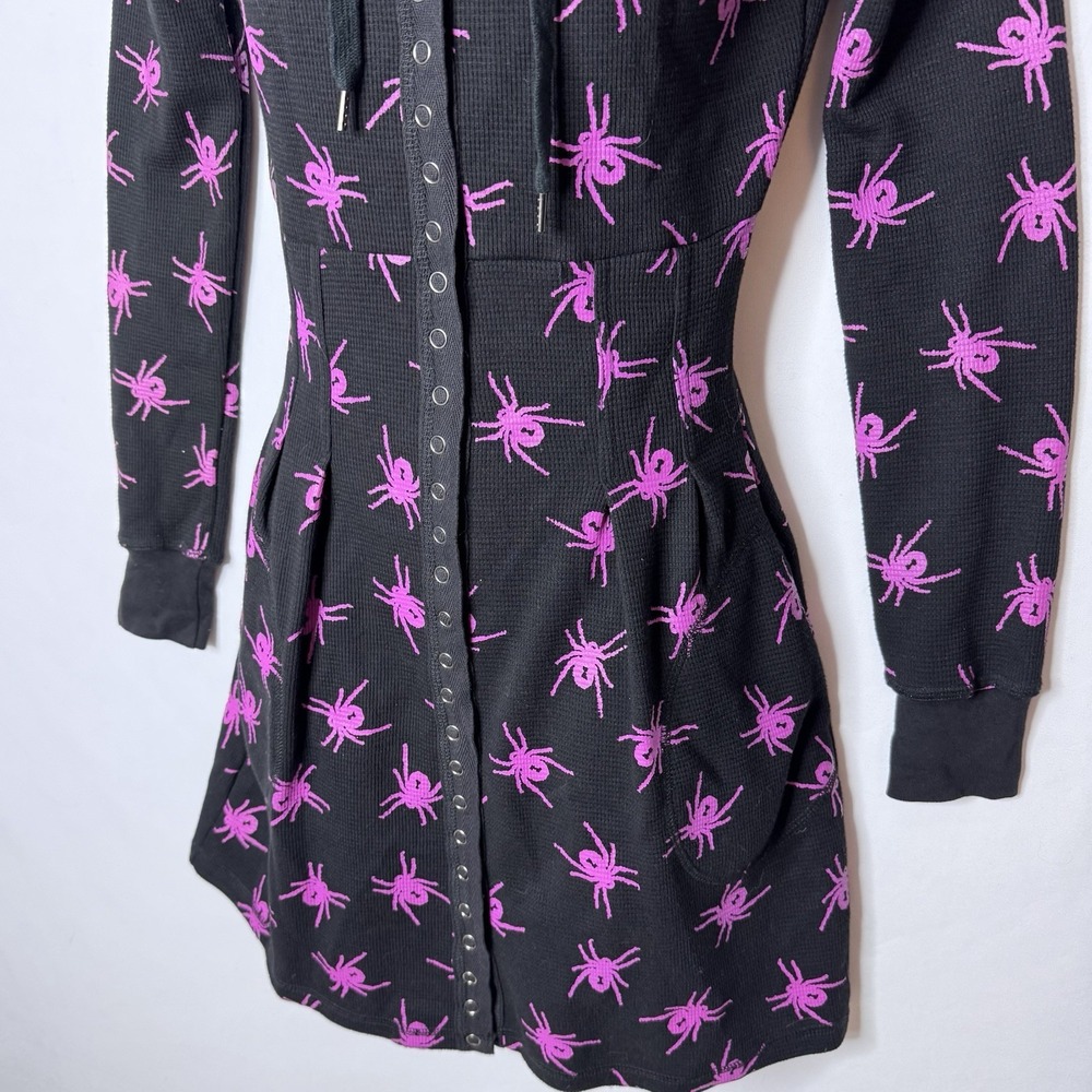 Betsey Johnson Y2K Spider Thermal Dress Sz  XS Black Pink Goth Witchy Hoodie - Picture 5 of 16